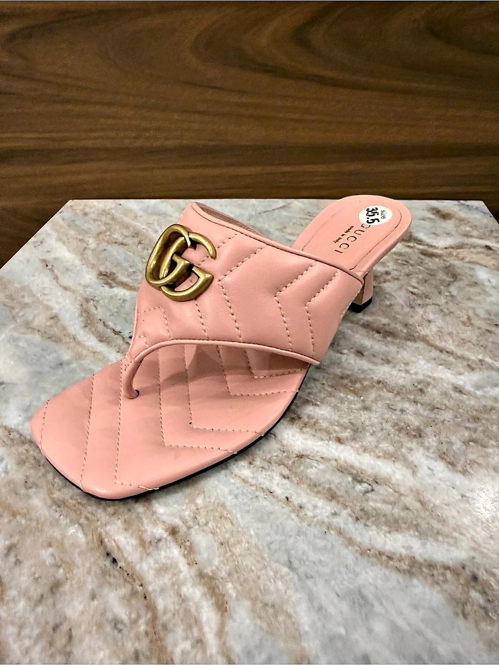 GUCCI GG Marmont Quilted Leather Kitten Heel Thong Sandals Pink